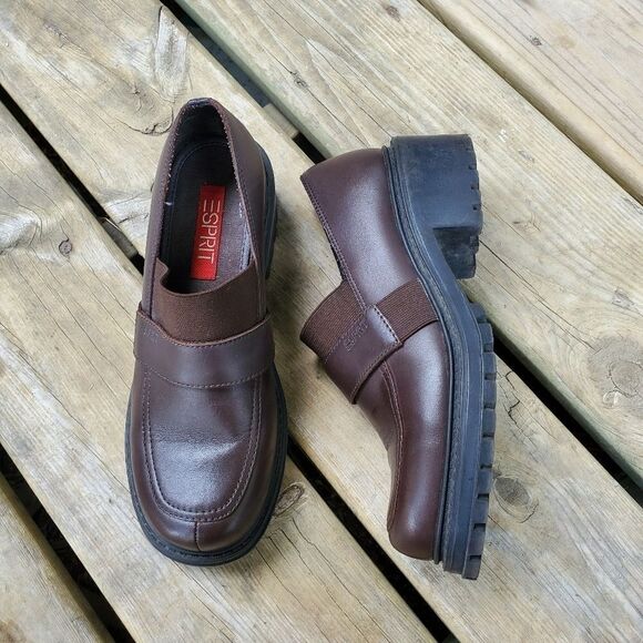 Vintage 90s y2k Esprit Bratz Brown Leather Chunky Block Heel Platform Oxfords - Picture 1 of 8
